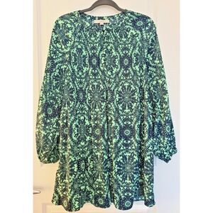 LOFT Ann Taylor Medium Green Mandala Print Short Dress Long Sleeve A Line